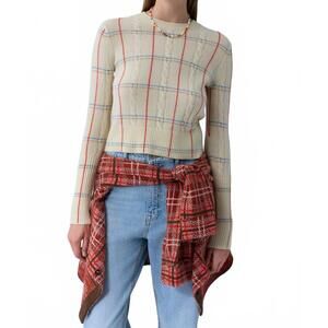 NEW GUEST IN RESIDENCE shrunken check crew sweater in mist combo